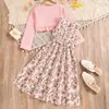 Conjunto de Ropa Transfronterizo para Niñas 2026 Otoño Nuevo Estilo Pastoral Francés Vestido Chaleco Floral Moda Chaqueta de Manga Larga de Color Sólido