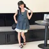 Traje para Niña 2025 Nuevo Verano Delgado Mediano y Grande Estilo Coreano Vaquero Falda con Lazo y Flores Conjunto de Dos Piezas