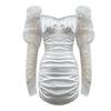 2026 Nova Moda Outono Feminina Estilo Francês Bordada com Strass Renda Plissada Manga Bufante Patchwork Cetim Slim Fit Vestido 6005
