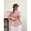 Camisa Retro de Algodón y Lino Bordada para Mujer Verano Nuevo Estilo Estilo Mamá Camisa Fina de Lino Manga Tres Cuartos Top Cárdigan
