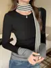 Camiseta Base de Manga Larga Gruesa Rayada con Costuras Falsas de Dos Piezas para Mujer Otoño e Invierno, Top Ajustado