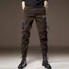 Pantalones de trabajo multi-bolsillo texturizados de algodón de fibra larga de alta densidad para hombre, corte holgado retro, color café, pantalones casuales funcionales tácticos de alta calle