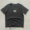 Camiseta Nova de Primavera Manga Curta Bordada Gatinho Desenho Animado para Mulheres, Gola Redonda Preta e Cinza, Solta, Emagrecedora, Top Casual Versátil