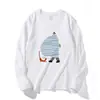 Nueva Camiseta Blanca de Cuello Redondo Holgada de Manga Larga para Mujer de Primavera y Otoño, Estilo Americano Divertida Estampado de Dibujos Animados Casual Versátil