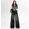 Calça Jeans Larga Grossa Forrada com Fleece 2025 Estilo Hot Girl Retrô Jeans de Perna Reta Calças Estendidas Femininas