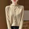 Nuevo Abrigo 2025 Primavera y Verano Nuevo para Mujer Corto Oreja Cuello Mock Camisa Jacquard Base de Punto Top