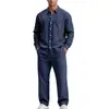 Amazon Moda Traje de Lino Europeo y Americano Sencillo Casual Camisa de Manga Larga con Cuello de Solapa y Pantalón Recto Conjunto de Dos Piezas