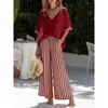 Sitio Independiente de Amazon 2026 Top Casual de Manga Corta con Cuello en V y Estampado de Rayas Pantalones de Pierna Ancha Conjunto de Dos Piezas Suelto para Mujer