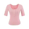 Camiseta Henley de Manga Media Estilo Retro Americano para Mujer, Nuevo Modelo Verano 2026, Cuello Henley Abierto a Mitad con Botones, Top Base Ajustado