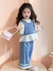 2025 Moda Coreana Elegante Camisa de Manga Larga para Niña Primavera y Otoño Nuevo Elegante Chaleco de Mezclilla de Manga Larga Conjunto de Pantalones de Pierna Ancha