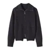 Cardigan Casaco Tricotado Feminino Versátil Casual de Manga Longa com Zíper e Fio Floral em Seda e Cashmere - Nova Coleção Outono/Inverno 2026
