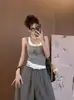 Camisola de Color Contrastante con Puntadas Estilo Chica Caliente Americana, Falso Dos Piezas, Ropa Exterior Fina de Verano para Mujer, Top Corto Ajustado sin Mangas