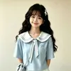Conjunto de Falda para Niñas Verano Nuevo Estilo para Niños Mayores, Top de Manga Corta Estilo Universitario para Niñas, Falda Media, Falda de Volantes Conjunto de Dos Piezas