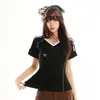 Laranja Infantil # Estilo Novo de Verão Cor Contrastante Casual Camiseta de Manga Curta para Mulheres, Corte Justo, Emagrecedora, Cobre o Corpo, Top Feminino Moderno e Versátil