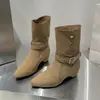 Botas de Mujer para Aumentar la Altura, de Media Pantorrilla con Hebilla, Tendencia 2026, Nuevas Botas Fruncidas de Punta Fina para Otoño/Invierno, Botines Vaqueros Occidentales