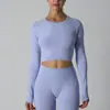 Top de Yoga de Manga Larga con Tejido de Alta Elasticidad y Sensación de Segunda Piel, Cuello Redondo Corto Deportivo Ajustado para Pilates Fitness para Mujeres, Directo de la Fábrica Origen