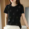 Camiseta de algodón mercerizado con pedrería color liso estilo western para mujer, básica, adelgazante, para el trabajo, primavera y verano, nueva, cuello redondo, hilo de algodón, manga corta