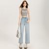 Infantil Naranja # Blanco Jeans Adelgazantes de Cintura Alta y Pierna Ancha para Mujer, Pantalones Recortados Versátiles, Modernos.
