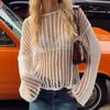 Blusa de praia de verão transfronteiriça sexy em rede cor sólida manga longa biquíni proteção solar blusa camiseta top para mulheres