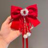 Grampo de Princesa para Crianças Corrente de Testa para Meninas Ano Novo Laço Vermelho Presilha com Pérola Adorno de Cabeça para Meninas Ano Novo