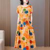 Vestido de seda de algodón para mujeres de mediana edad y mayores de 40 a 50 años, falda de algodón artificial holgada de manga corta de verano para madres de 40 a 50 años.