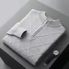 Novo suéter de lã 100% com zíper parcial para outono e inverno, suéter de lã com gola semi-alta, suéter de tricô espesso com corte solto para negócios
