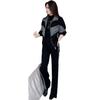 Traje casual grueso con forro polar para mujer Invierno Nueva moda Cuadros Costuras Cuello Chaqueta Pantalones de pierna ancha Conjunto de dos piezas Moderno