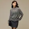Suéter de Ganchillo Hueco Francés de Punto de Media Altura para Principios de Otoño, Delgado, con Sentido del Diseño, Nicho, Cintura Ajustada con Cordón, Suéter de Lana para Mujer