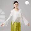 Top de dança feminino soltinho com gola redonda, painel frontal em malha e design fluido, adequado para prática de dança clássica chinesa para adultos