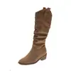 Botas retro de mujer con V profunda, plisadas, apiladas, con 8 cm de aumento interno de altura, tacón grueso, botas vaqueras occidentales adelgazantes