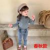 Meninas primavera e outono nova camisa de gola alta infantil com forro de lã outono e inverno estilo ocidental manga comprida camiseta top 0205A005