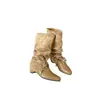 Versión de cuero genuino~Botas vintage de punta con pliegues y tacón de bloque para mujer, botas altas hasta la rodilla con aumento interno de altura, botas de montar de caña alta adelgazantes
