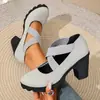 Tacones Altos Antideslizantes de Tira Cruzada Tallas Grandes Zapatos Casuales Individuales Europeos y Americanos Tira Cruzada Retro Suela Gruesa Tacón Grueso Zapatos de Mujer
