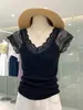 Design de Renda Pura Luxo de Alta Qualidade com Emenda, Tricotado, Manga Curta, Verão 2025, Elegante Decote V, Camisa Feminina, Top