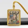 Colgante Thangka Dorado Pintado a Mano por Ambos Lados con Escrituras Integradas, Cinco Dioses de la Riqueza, Colgante de Collar Thangka del Pasado y del Presente