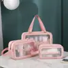 Bolsa de tres piezas transparente de PU para maquillaje y artículos de tocador, bolsa de baño de PVC de gran capacidad, bolsa de almacenamiento portátil semitransparente esmerilada para mujer