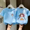 2026 Nova Camiseta de Algodão Puro com Manga Curta e Estampa de Desenho Animado para Meninas Pequenas e Médias e Bebês, Camiseta Casual da Moda
