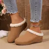 Pantuflas de cuña con forro polar transfronterizas europeas y americanas para mujer, talla grande, nuevo estilo otoño 2026, suela gruesa, cálidas, peludas, de punta cerrada, de algodón