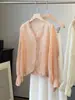 Camisa de Manga Larga con Cuello en V y Encaje para Mujer, Nuevo Estilo de Verano, Holgada y Elegante, Sencilla de Algodón y Lino con Textura, Top tipo Cárdigan