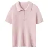 Otoño e Invierno Nuevo 100% Cachemira Pura Cuello Polo Tejido de Punto Rayado Holgado Adelgazante Manga Corta Ajustada Camiseta para Mujer