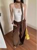Jeans de Cintura Alta Wide Leg com Renda e Xadrez Design Sense Marrom Calças Retas Soltas de Verão para Mulheres Altas