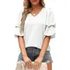 2024 Explosiones Transfronterizas de Amazon para Mujeres Europeas y Americanas Camisa Superior de Gasa con Cuello en V, Mangas de Linterna, Jacquard, Lunares, Doble Manga