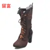 2026 Em Estoque Estação Independente da Amazon Wish Europa e América Comércio Exterior Renda Plus Size Salto Alto Feminino Botas de Cano Médio Botas de Couro Femininas