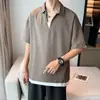 Camiseta de Manga Curta Masculina Verão 2022 Estilo Coreano Cor Sólida Lapela Meia Manga Top Solto Meia Manga de Seda Gelada