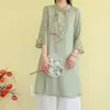 Camisa de algodón y lino estilo chino nuevo, artística y retro, top de verano de longitud media bordado estilo étnico, vestido de té holgado para mujer