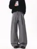 Pantalones Casuales Largos de Pierna Ancha Sueltos con Pliegues, Estilo Old Money, Parche a Cuadros, Dobladillo Curvo Negro para Hombre, Marca de Moda