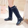 Botas Longas Estilo Europeu e Americano, Cano Alto de PU, Sem Cadarço, Bico Redondo, Salto Grosso, Botas Femininas Color Block, Tamanhos Grandes 40-43, Dropshipping AliExpress