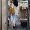 Saia de Cintura Elástica Estilo Coreano Estilo Preguiçoso Algodão Listras Verticais Cordão Primavera e Verão Bege Cinza Listras Azuis