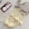 Calcetines Holgados Estilo Universitario Retro Otoño/Invierno Xiaowu para Mujer, Calcetines de Media Pantorrilla de Algodón Puro Sin Costuras Estilo Japonés con Estampado de Perro y Borde de Volantes