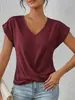 Camiseta feminina casual transfronteiriça com decote V, mangas curtas torcidas e ombros dobrados, cor sólida, barra solta e top cruzado